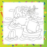 Outlined Cartoon Island With Palm Tree and rock