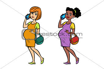 Set black and white pregnant woman with phone