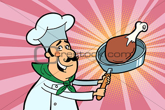 Chef cook character with roasted meat