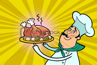 Chef cook character with roast poultry