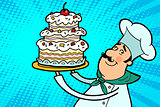 Chef cook character with cherry cake