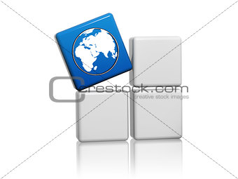 world globe symbol in blue cube on boxes