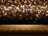 3D wooden table on Christmas bokeh lights background