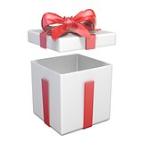 Opened white gift box and red ribbon bow 3D