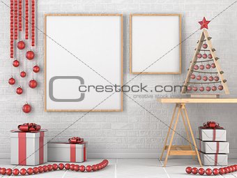 Mock up blank wooden picture frame, Christmas decoration and gif
