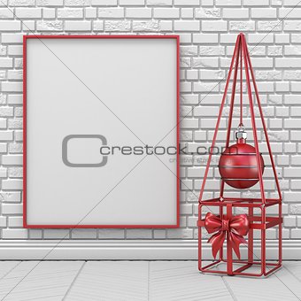 Mock up blank picture frame, Christmas decoration and wireframe 
