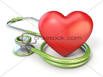 Medical stethoscope and red heart shape 3D