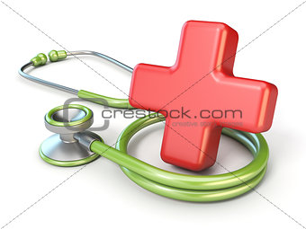 Medical stethoscope and red cross shape 3D