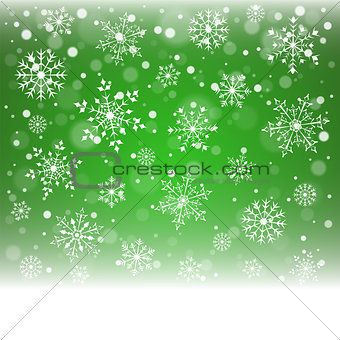 Christmas snowflakes and snowdrift on green background.