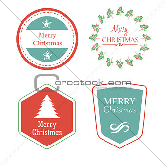 merry christmas in holiday labels with christmas tree, star, mis