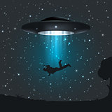 Illustration of dark night a UFO abducts human.