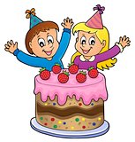 Cake and two kids celebrating image 1