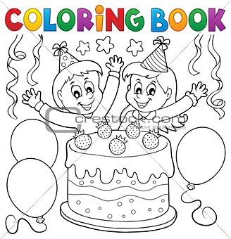 Coloring book cake and kids celebrating