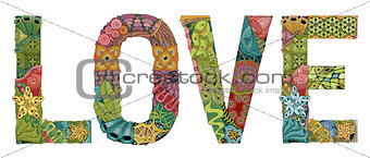 Word LOVE for coloring. Vector decorative zentangle object
