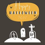 Hand drawn vector abstract cartoon Happy Halloween illustration poster with bats,graves,ghost and modern calligraphy phase Happy Halloween 2017 isolated on black background