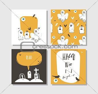 Hand drawn vector abstract cartoon Happy Halloween illustrations party posters and collection cards set with ghosts,bats,graves and modern calligraphy isolated on white background