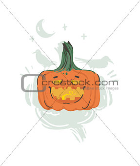 Hand drawn vector abstract cartoon Happy Halloween illustration with pumpkin lantern monster isolated on white background,