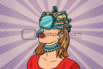woman in a virtual reality, dangerous parasite helmet