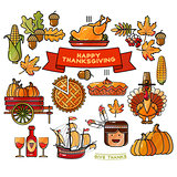 Vector set of  cartoon icons for Thanksgiving day.