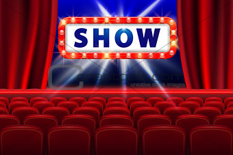 Cinema show design with lights scene and red seats. Poster for concert, party, theater. Theater Poster Template with Lights. vector illustration