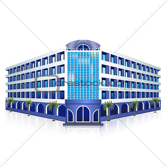 hotel building with palm trees and reflection