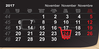 Black Friday shopping trolley reminder. 24 November 2017 calendar day of great purchases