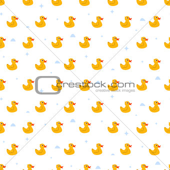 Cute ducky floats on pond seamless vector pattern.