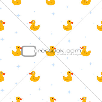 Cute ducks float on pond white seamless vector pattern.