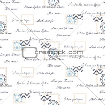 Romantic love letters seamless vector pattern on white. Inscriptions wrap paper design with mail stamps.