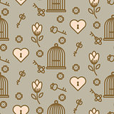 Bird cage romantic seamless vector pattern.