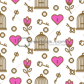 Bird cage romantic outline seamless vector pattern.