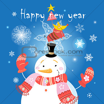 Festive Christmas card with a snowman and a dog 