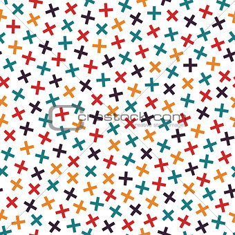 Colorful seamless memphis pattern in bright colors. Mosaic crosses texture