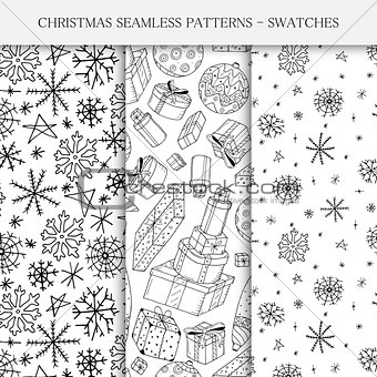Collection of hand drawn seamless. Christmas patterns - swatches. Doodle style