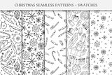Collection of hand drawn seamless. Christmas patterns - swatches. Doodle style