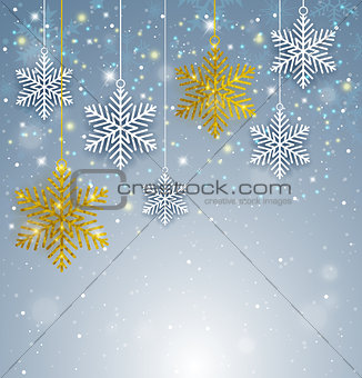 Christmas background with white and golden snowflakes