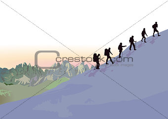 Mountain hiking in the group
