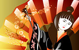 Portrait of a woman in a kimono against the backdrop sacura. EPS10 vector illustration