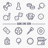 Games linear icons. Ping-pong, golf, billiards, darts leisure activities. Gambling, sport game line icons.