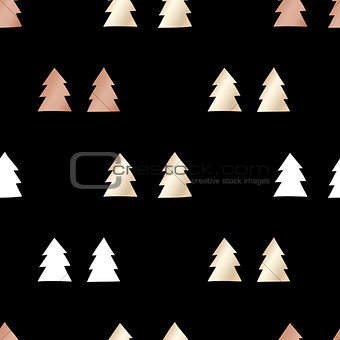 Black festive packaging paper with Christmas trees made of gold and bronze foil. Seamless vector pattern.