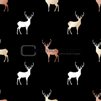 Black festive packaging paper with Christmas deers made of gold and bronze foil. Seamless vector pattern.