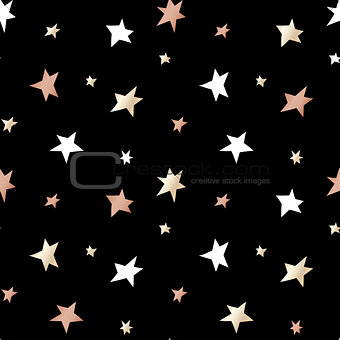 Black festive packaging paper with Christmas stars made of gold and bronze foil. Seamless vector pattern.