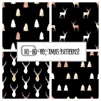 Set of black and gold foil seamless patterns with Christmas trees and deers for Christmas and New Year's wrapping paper. Vector illustration.