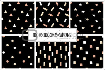 Set of black and rose gold geometric seamless patterns for Christmas and New Year's wrapping paper. Vector illustration.