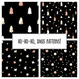 Set of gold foil seamless patterns with Christmas trees and stars for Christmas and New Year's wrapping paper. Vector illustration.