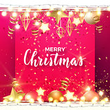 Festive Christmas and New Year vector design with gold confetti, xmas ornaments, glowing stars and light garlands.