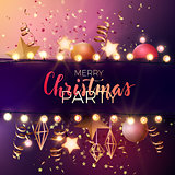 Festive Christmas and New Year vector party flyer or dinner invitation design with gold confetti, xmas ornaments, glowing stars and light garlands.