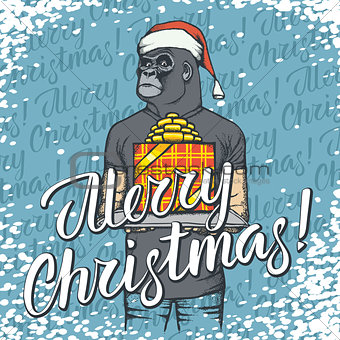 Vector illustration of monkey on Christmas with gift
