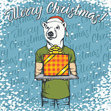 Vector illustration of bear on Christmas with gift