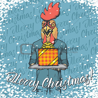 Vector illustration of cock on Christmas with gift